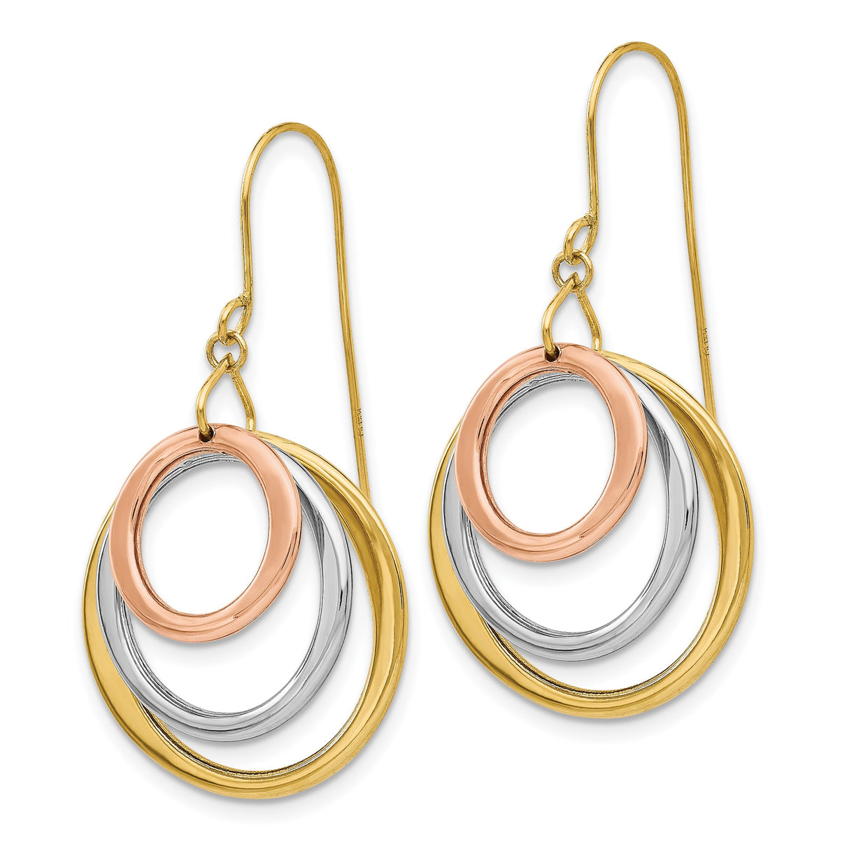 14k Tri Color Gold Dangle Earrings with Interlocking Circles, Modern Hoop Design for Women