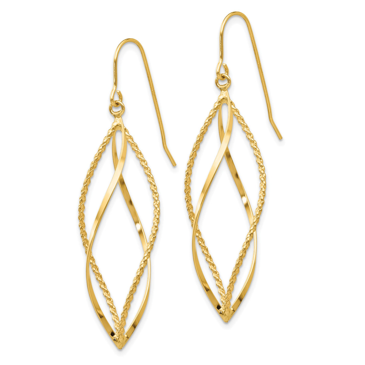 14k Yellow Gold Dangle Earrings with Twisted Marquise Design, Polished Textured Finish