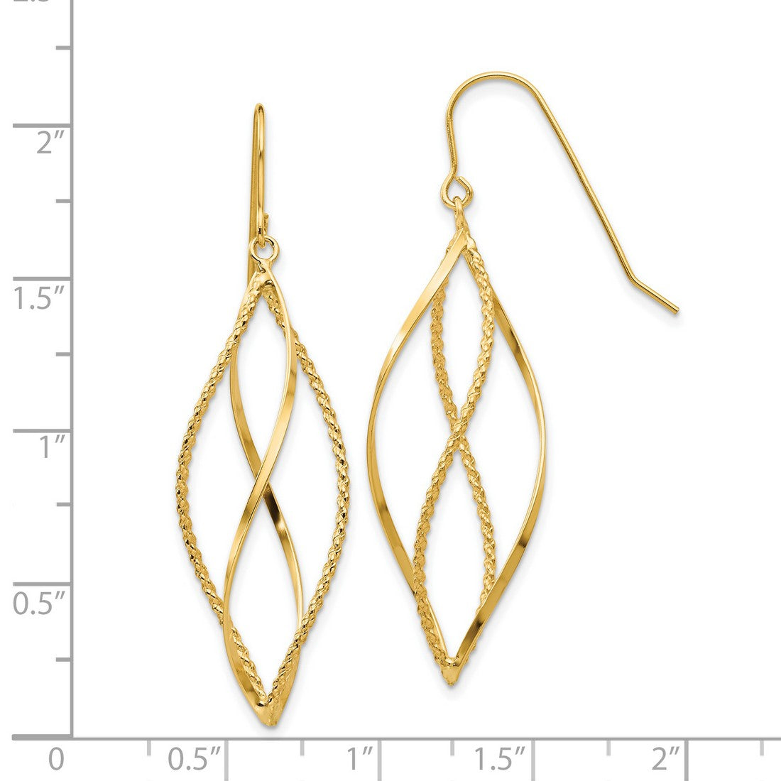 14k Yellow Gold Dangle Earrings with Twisted Marquise Design, Polished Textured Finish