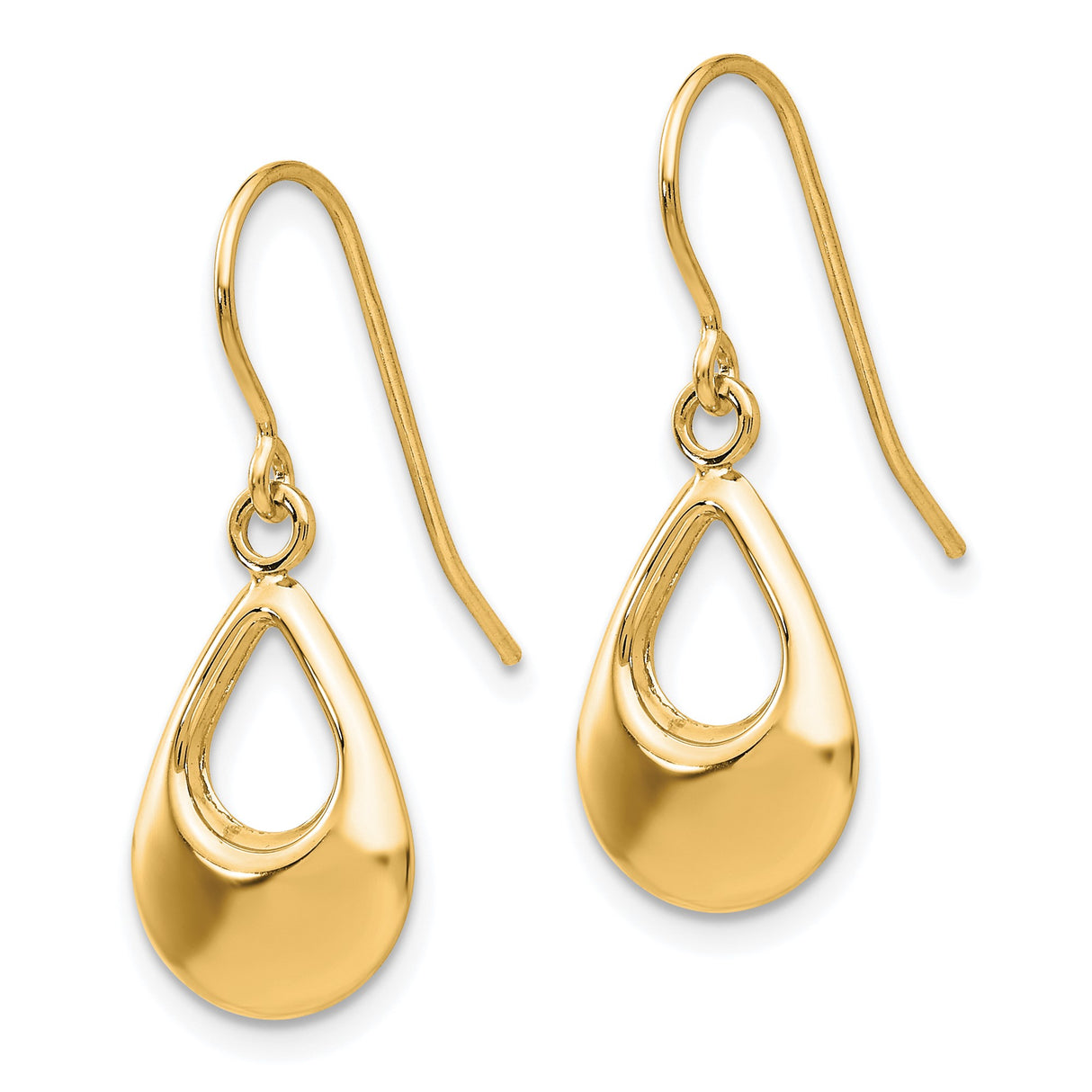 14k Yellow Gold Drop Earrings, Open Teardrop Shape, High Polish, Modern Minimalist Design