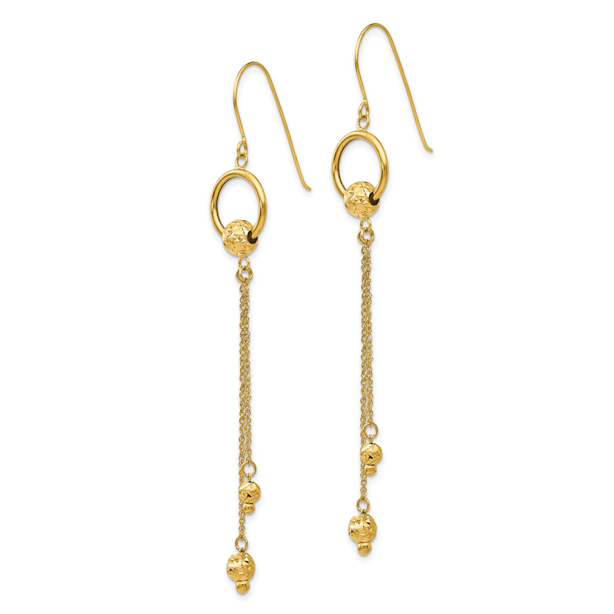14k Yellow Gold Dangle Earrings with Textured Drop Beads and Chain Link Circles