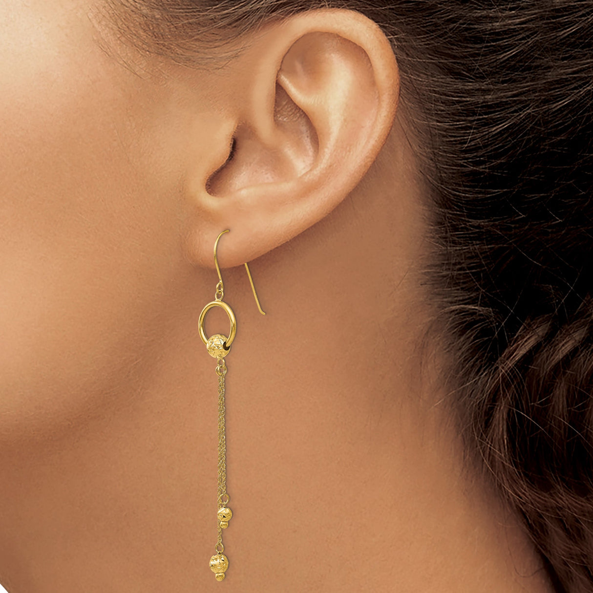 14k Yellow Gold Dangle Earrings with Textured Drop Beads and Chain Link Circles