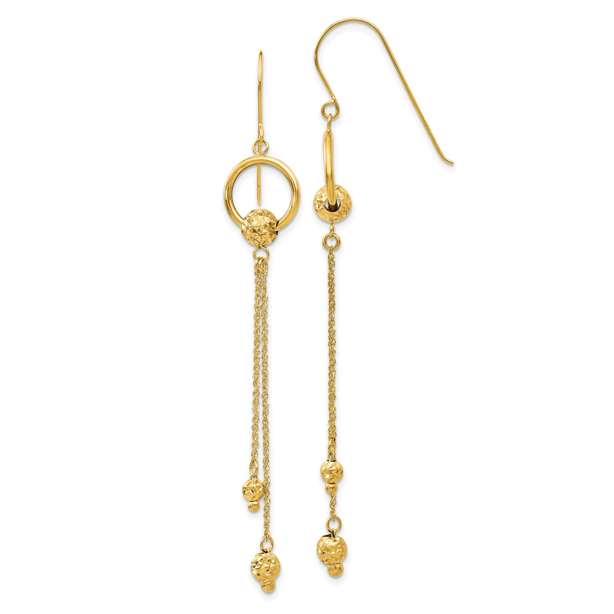 14k Yellow Gold Dangle Earrings with Textured Drop Beads and Chain Link Circles