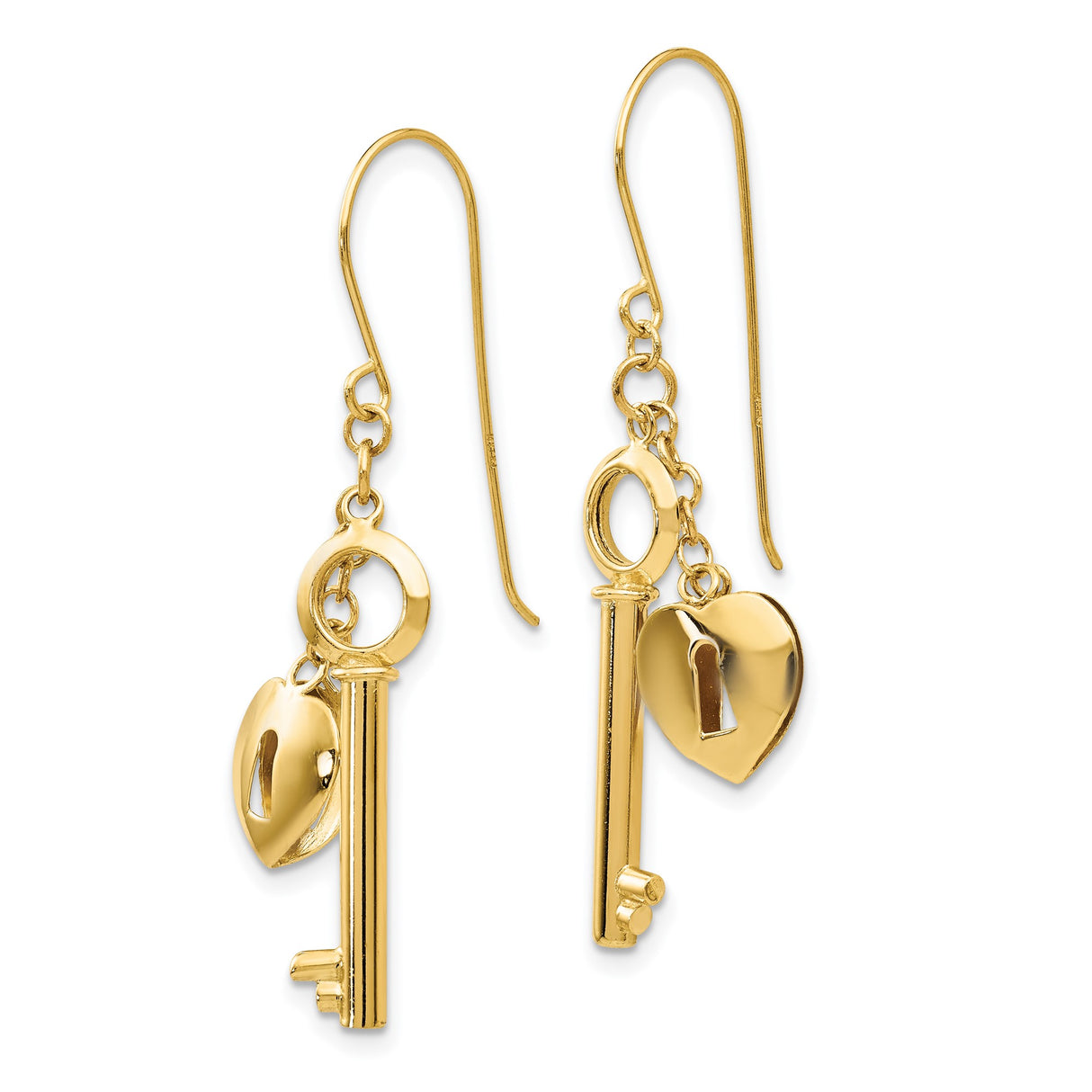 14k Yellow Gold Dangle Earrings with Heart Lock and Key Charm Design, Romantic Jewelry for Women