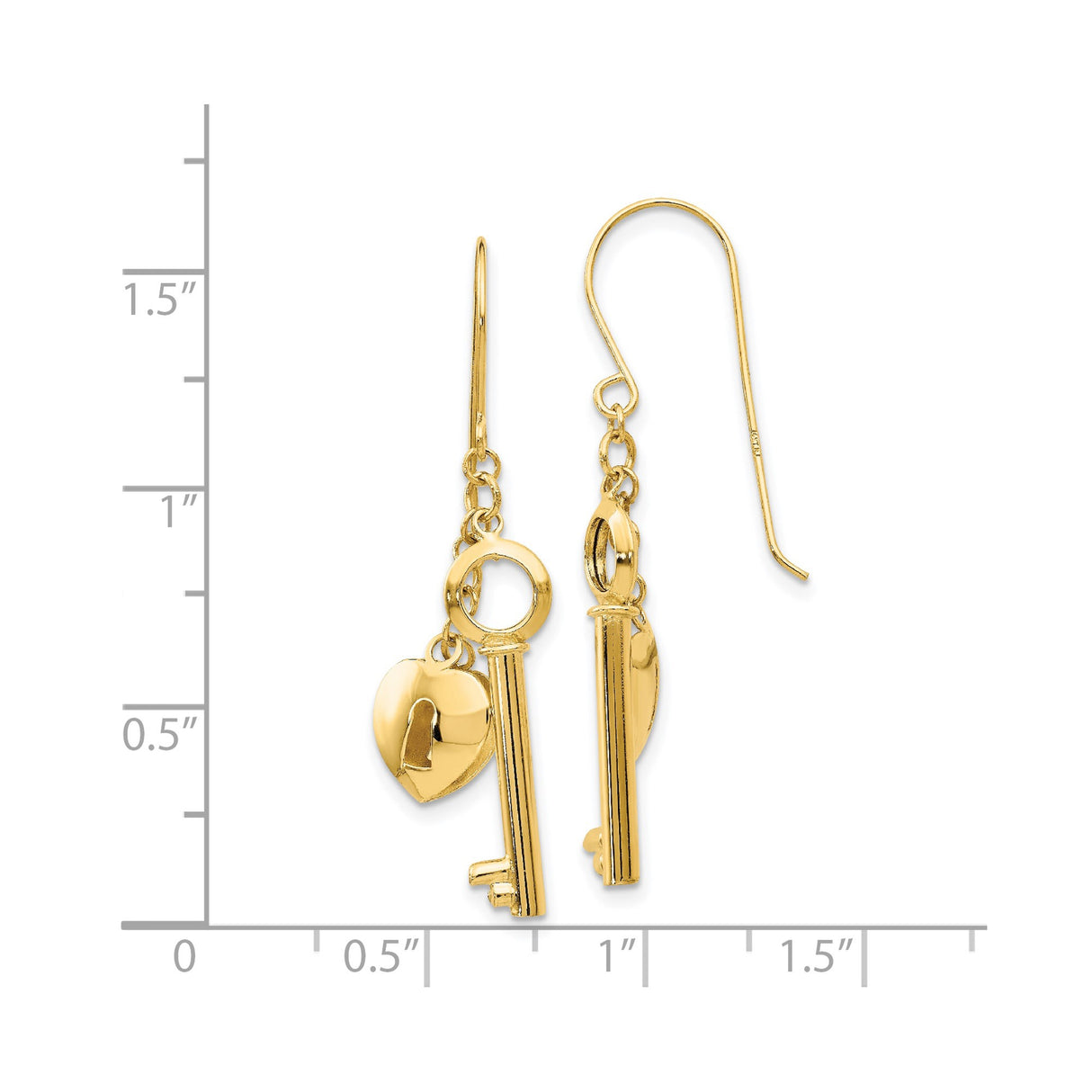 14k Yellow Gold Dangle Earrings with Heart Lock and Key Charm Design, Romantic Jewelry for Women