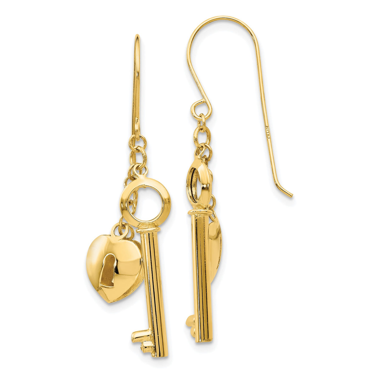 14k Yellow Gold Dangle Earrings with Heart Lock and Key Charm Design, Romantic Jewelry for Women