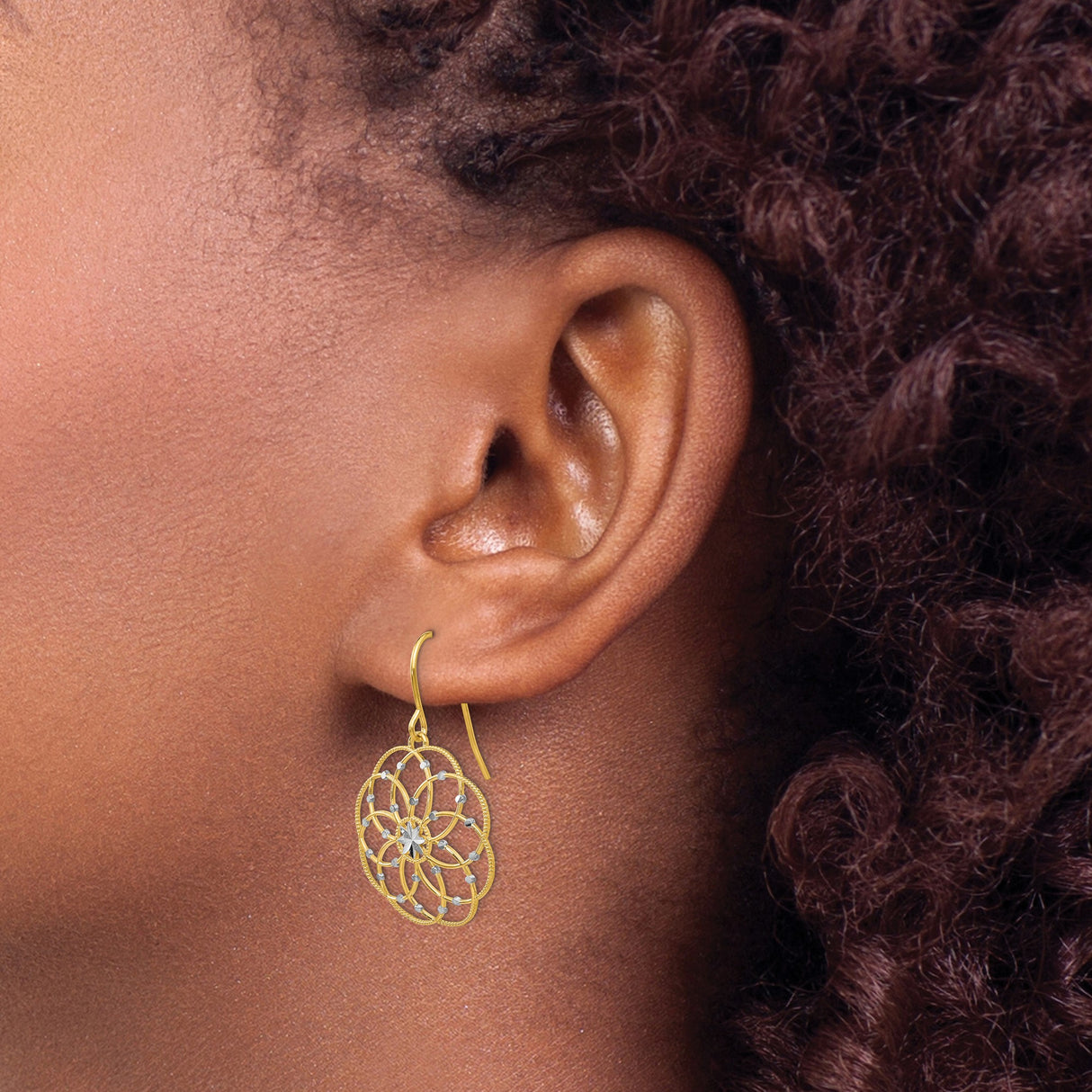 14k Yellow Gold Dangle Earrings, Mandala Starburst with Floral Openwork, Boho Filigree Design