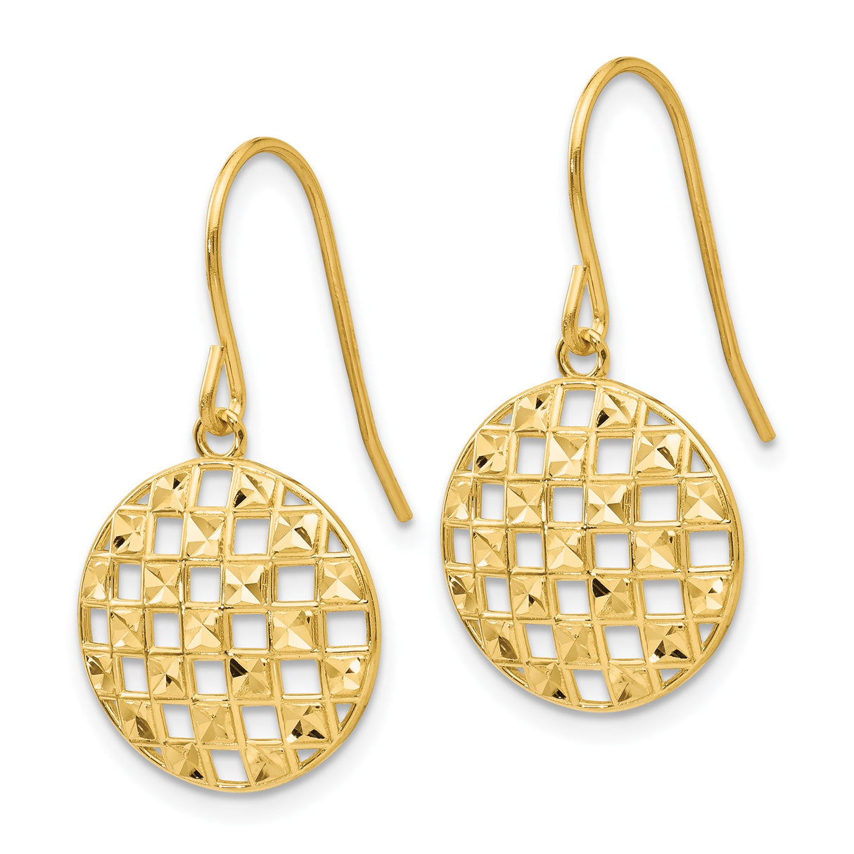 14k Yellow Gold Dangle Earrings with Open Lattice Design and Diamond Cut Detailing