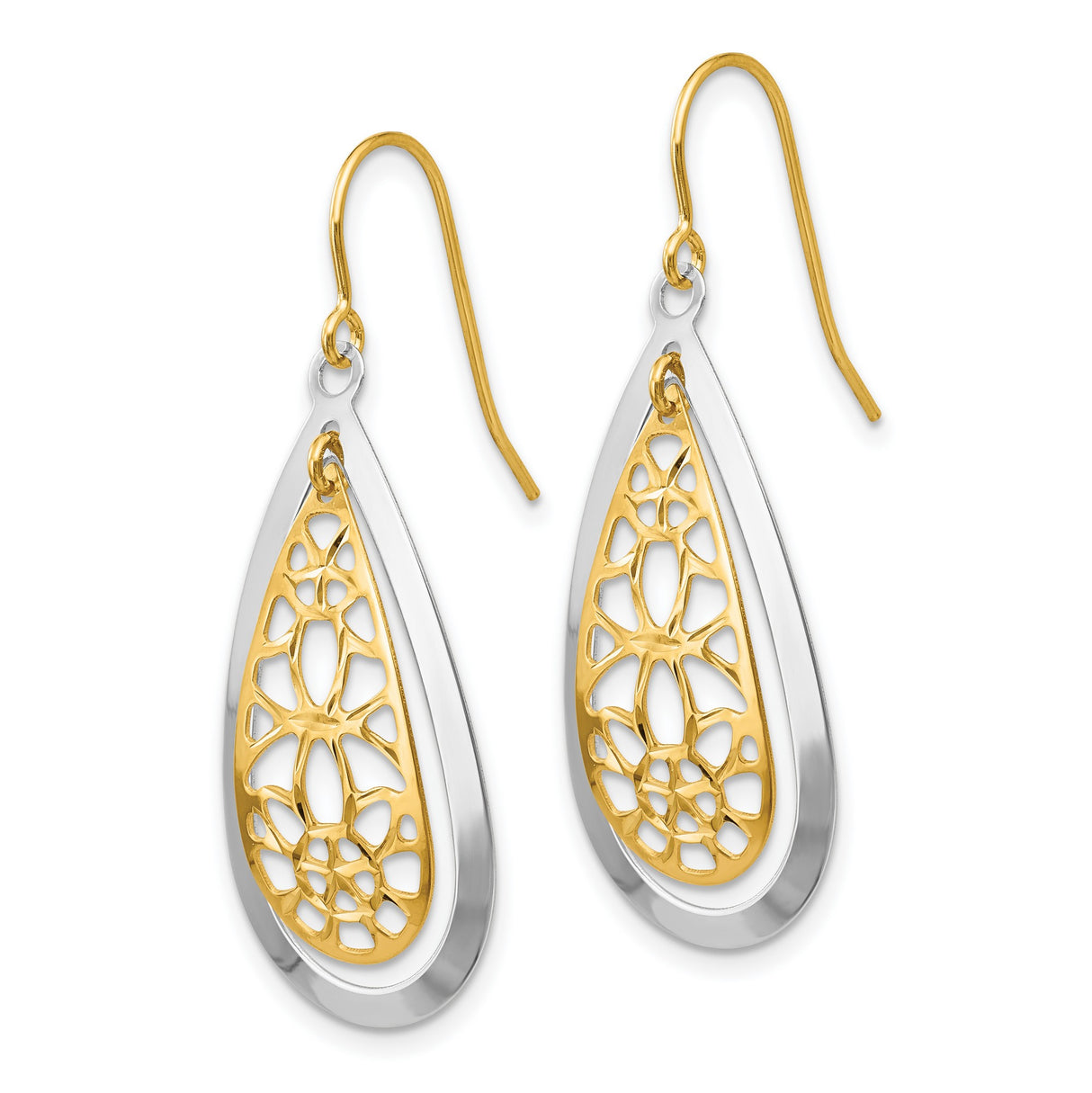 14k Yellow Gold Drop Earrings, Two-Tone Teardrop Openwork Floral Design for Women
