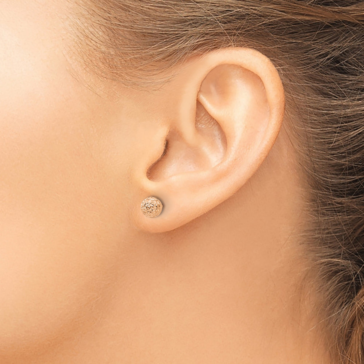 14k Rose Gold Ball Stud Earrings, Diamond-Cut Textured, Minimalist Lightweight Design