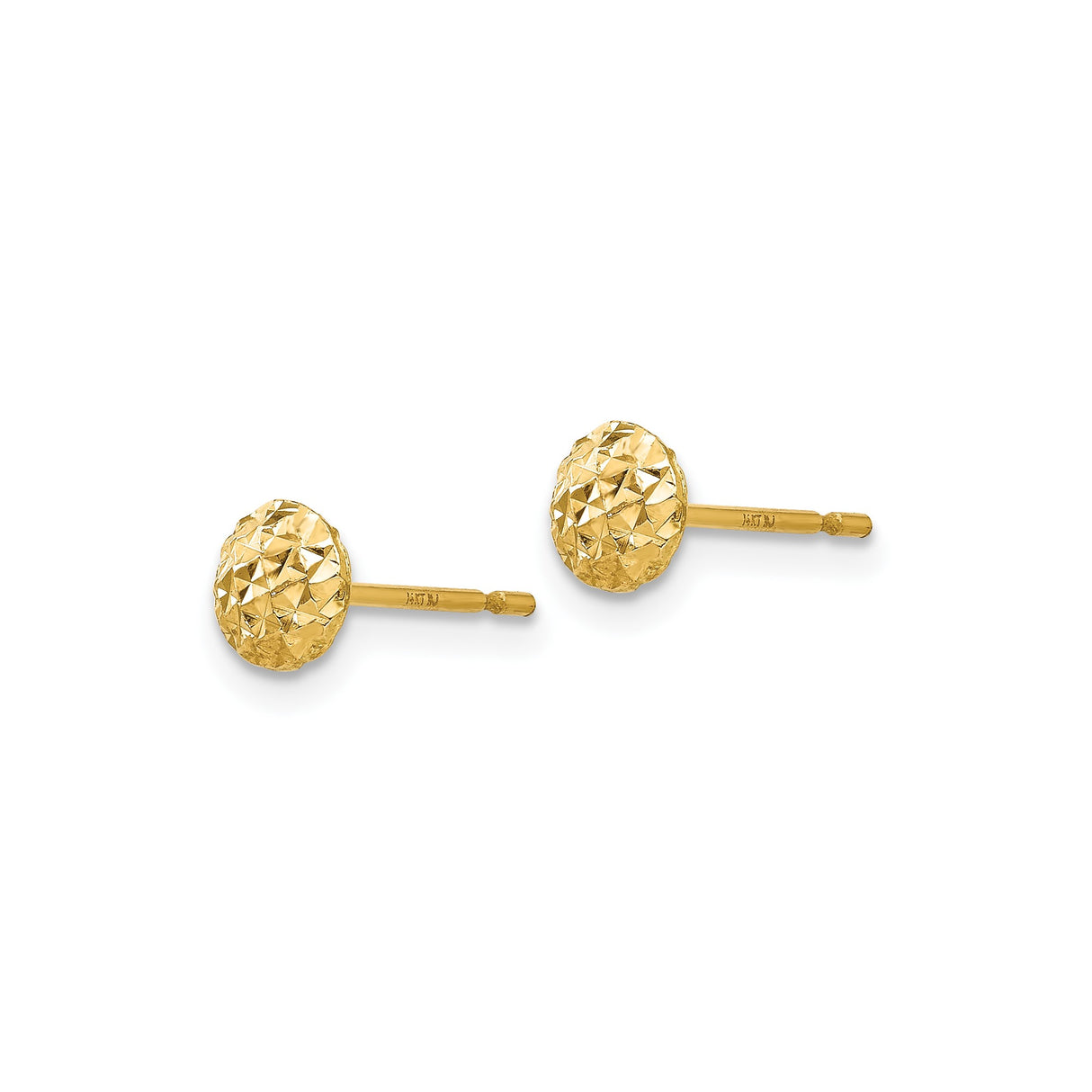 14k Yellow Gold Stud Earrings, Round Domed Diamond Cut Design, Polished Textured Finish