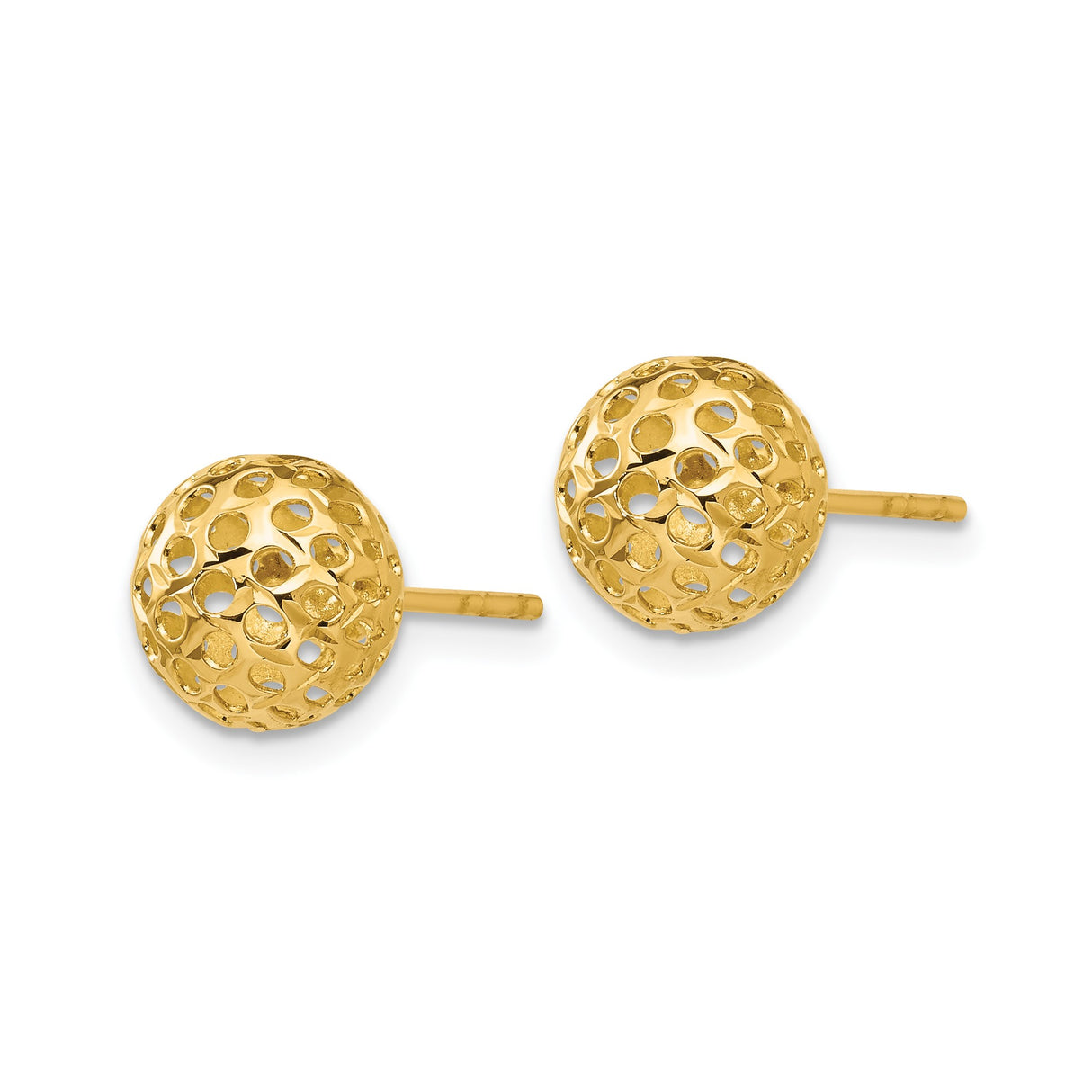 14k Yellow Gold Stud Earrings, Hollow Dome Ball with Cutout Detailing, Lightweight Modern Style