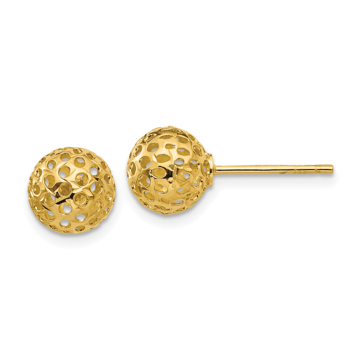14k Yellow Gold Stud Earrings, Hollow Dome Ball with Cutout Detailing, Lightweight Modern Style