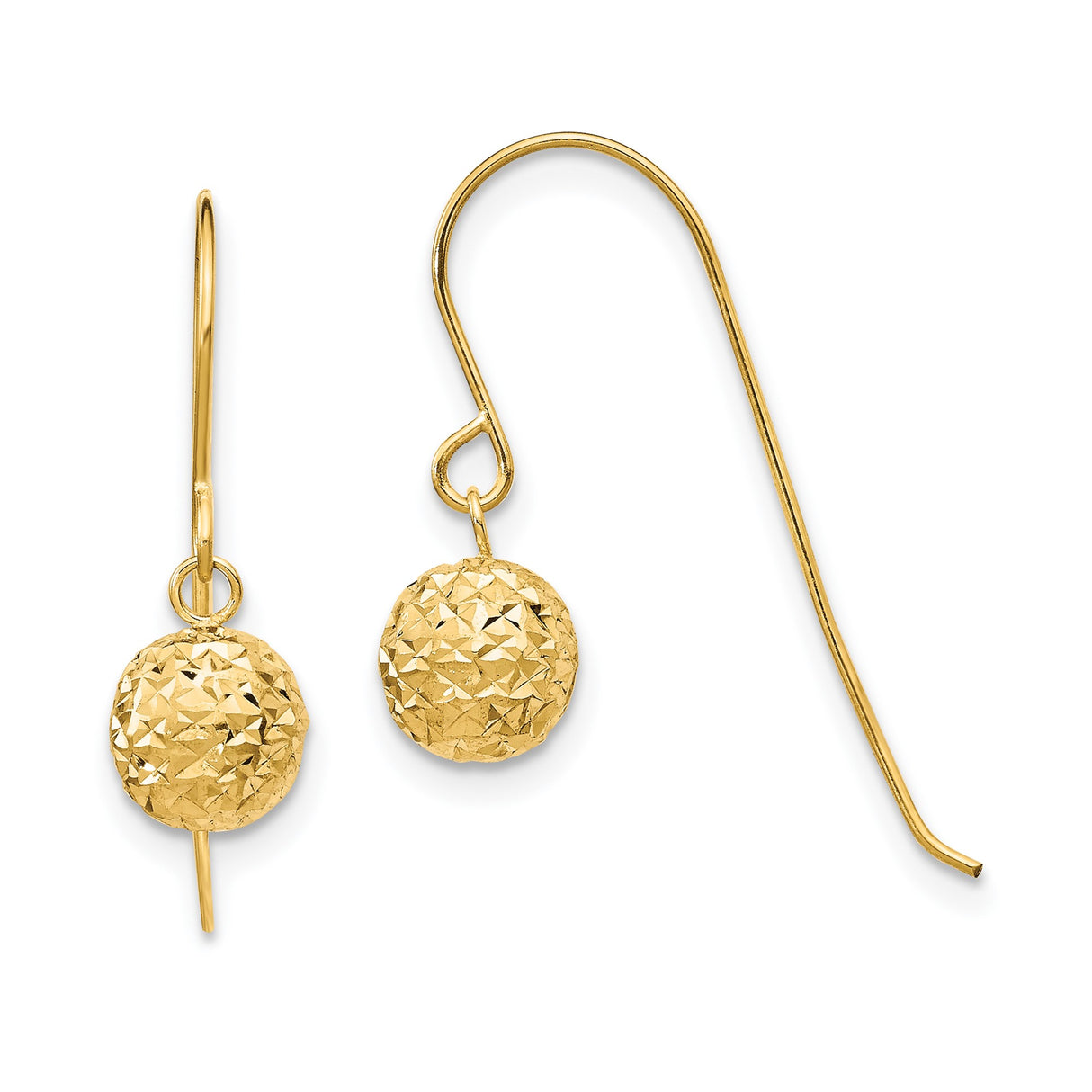 14k Yellow Gold Dangle Earrings with Textured Diamond Cut Ball Drops, Lightweight Geometric Design