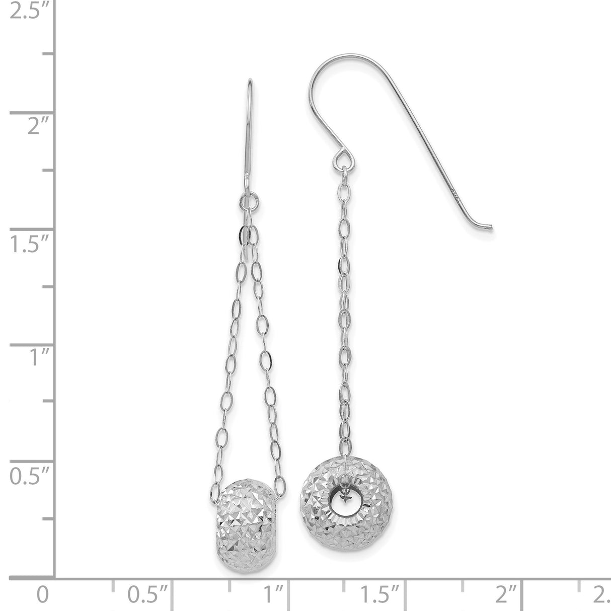 14k White Gold Drop Earrings with Textured Donut Dangles and Chain Links, Modern Minimalist Style