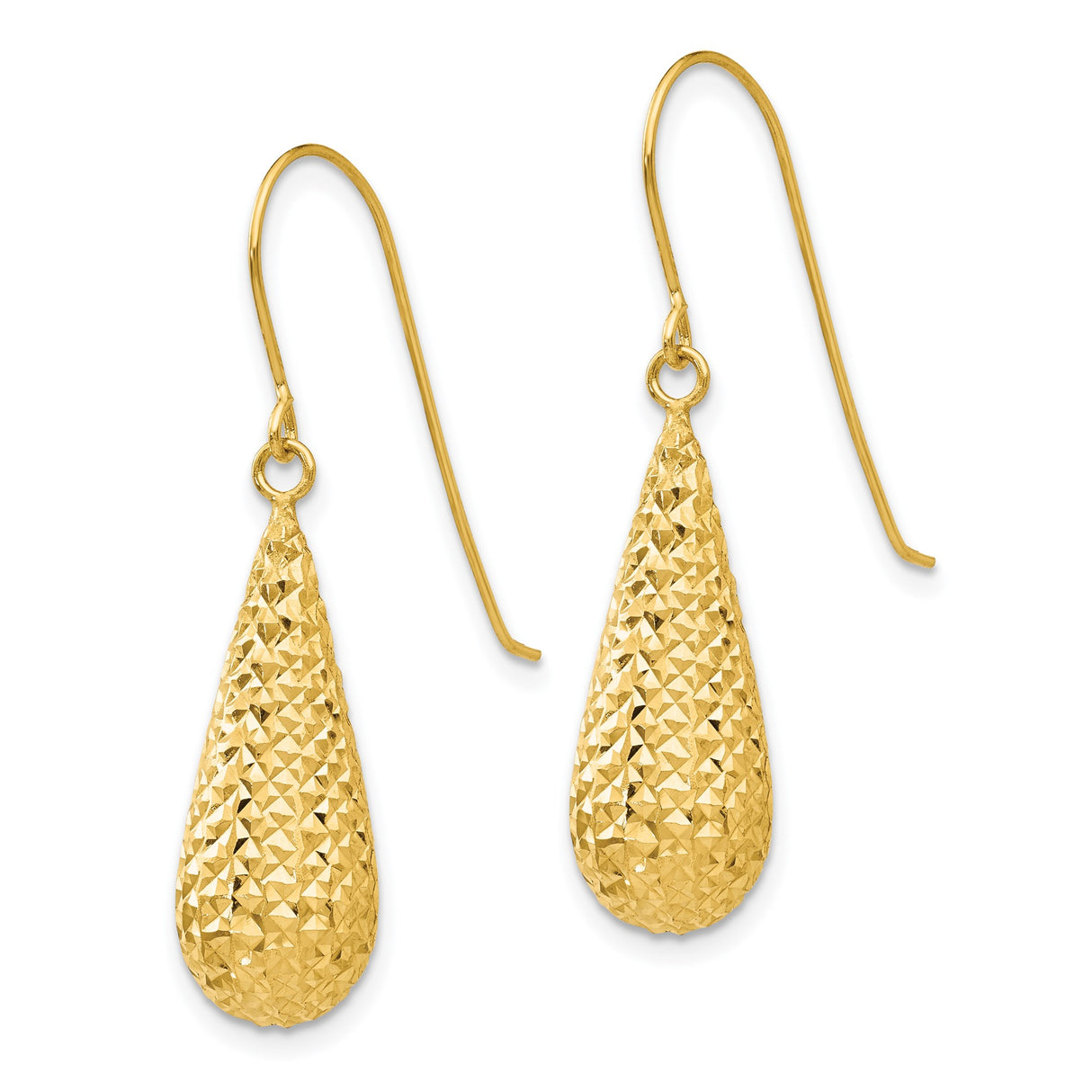 14k Yellow Gold Teardrop Dangle Earrings, Diamond Cut Textured Finish, Hook Style for Women
