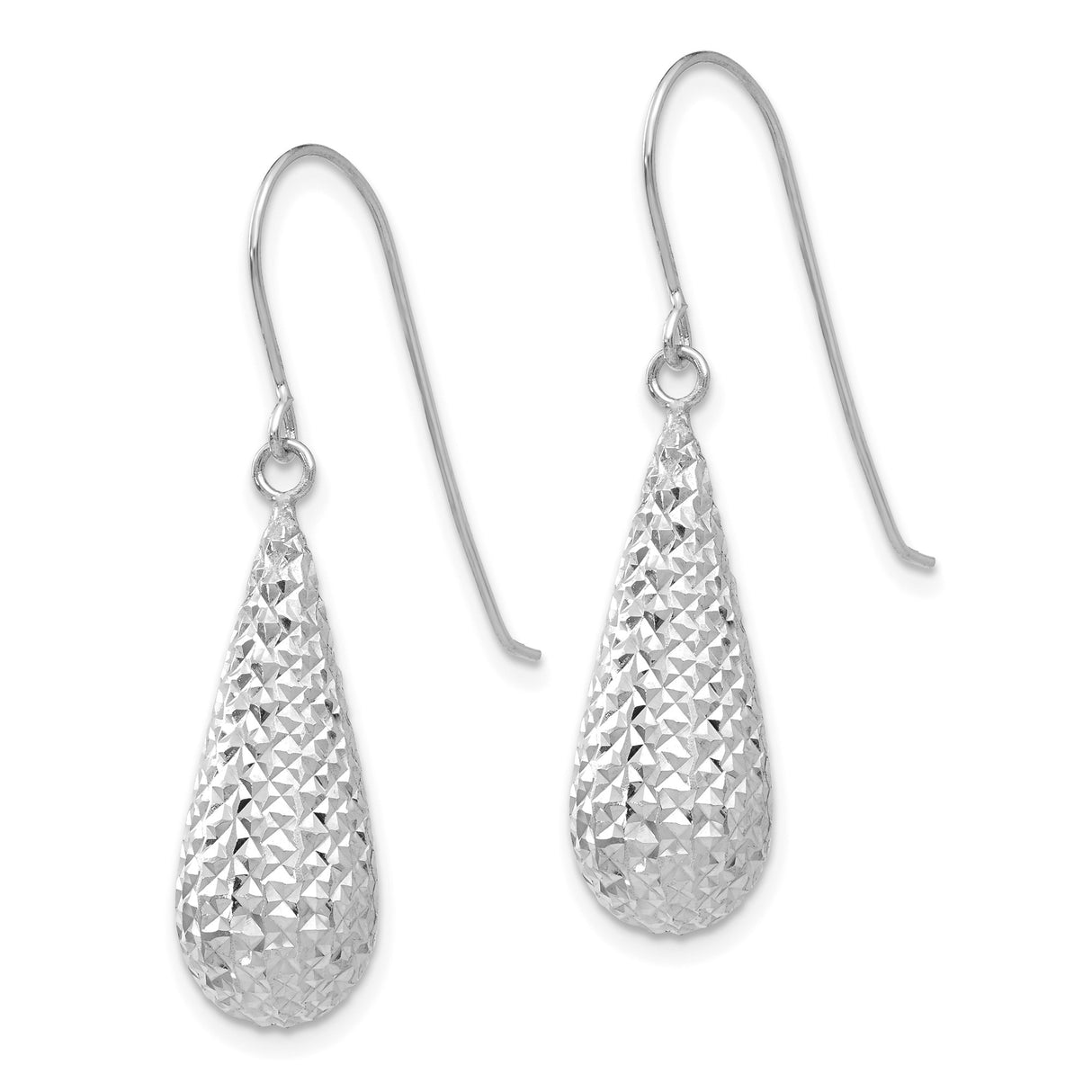 14k White Gold Teardrop Dangle Earrings, Diamond Cut Texture, Long Lightweight Design