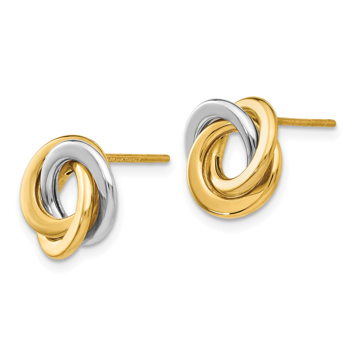 14k Two-Tone Gold Love Knot Stud Earrings, Intertwined Yellow and White Gold Loops