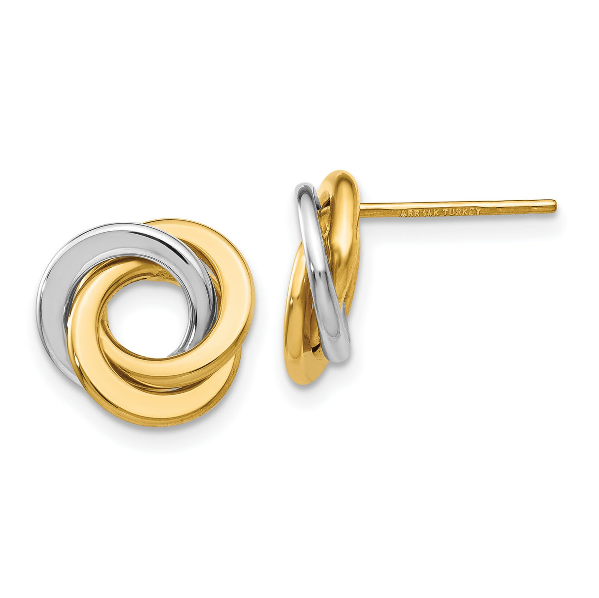 14k Two-Tone Gold Love Knot Stud Earrings, Intertwined Yellow and White Gold Loops