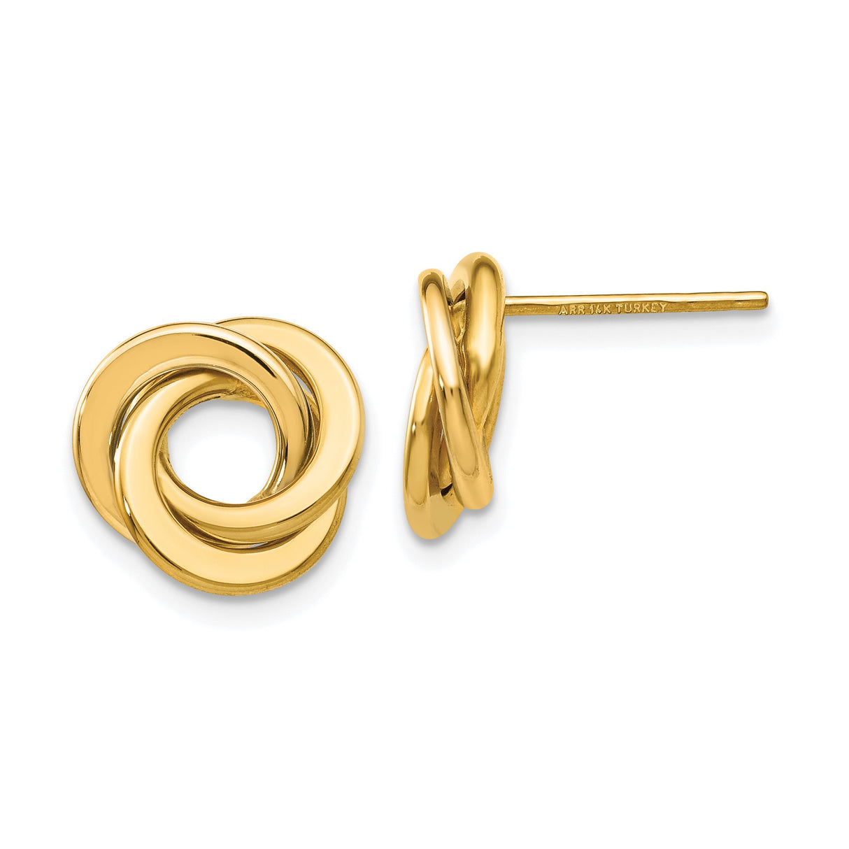 14k Yellow Gold Love Knot Stud Earrings with Intertwined Circular Design for Women