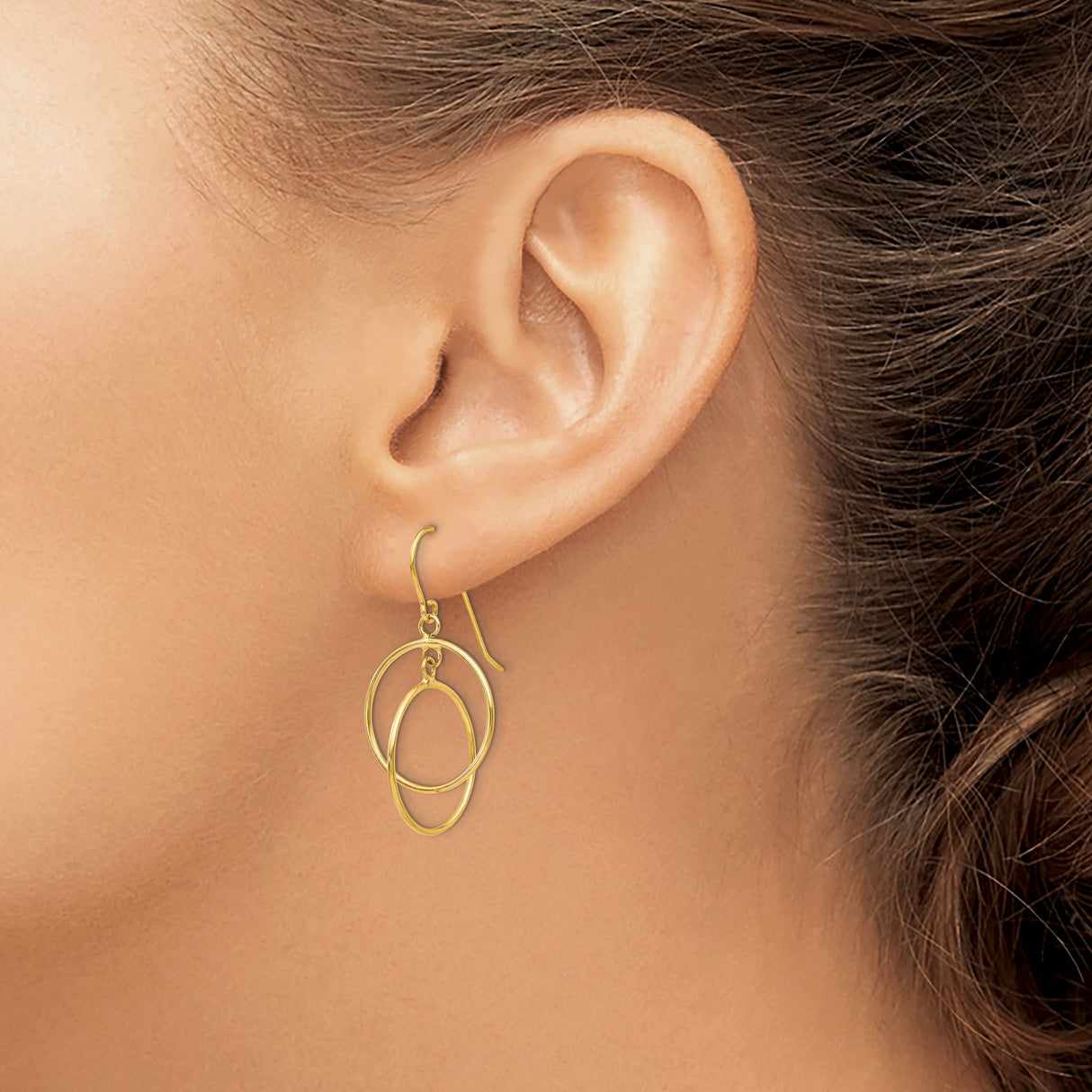 14k Yellow Gold Dangle Earrings with Interlocked Open Hoops, Minimalist Geometric Design