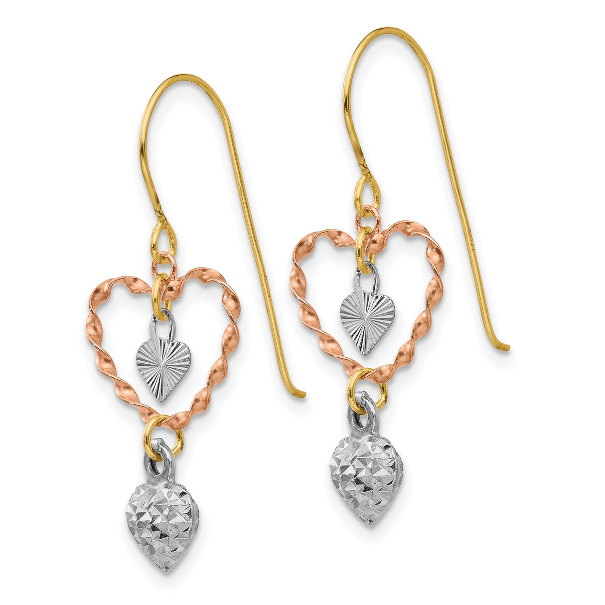 14k Tri Color Gold Dangle Earrings with Intertwined Heart Charms for Women