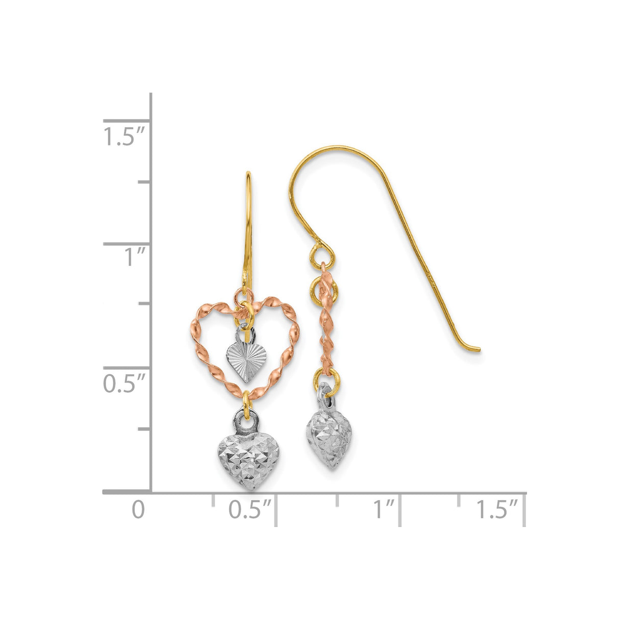 14k Tri Color Gold Dangle Earrings with Intertwined Heart Charms for Women