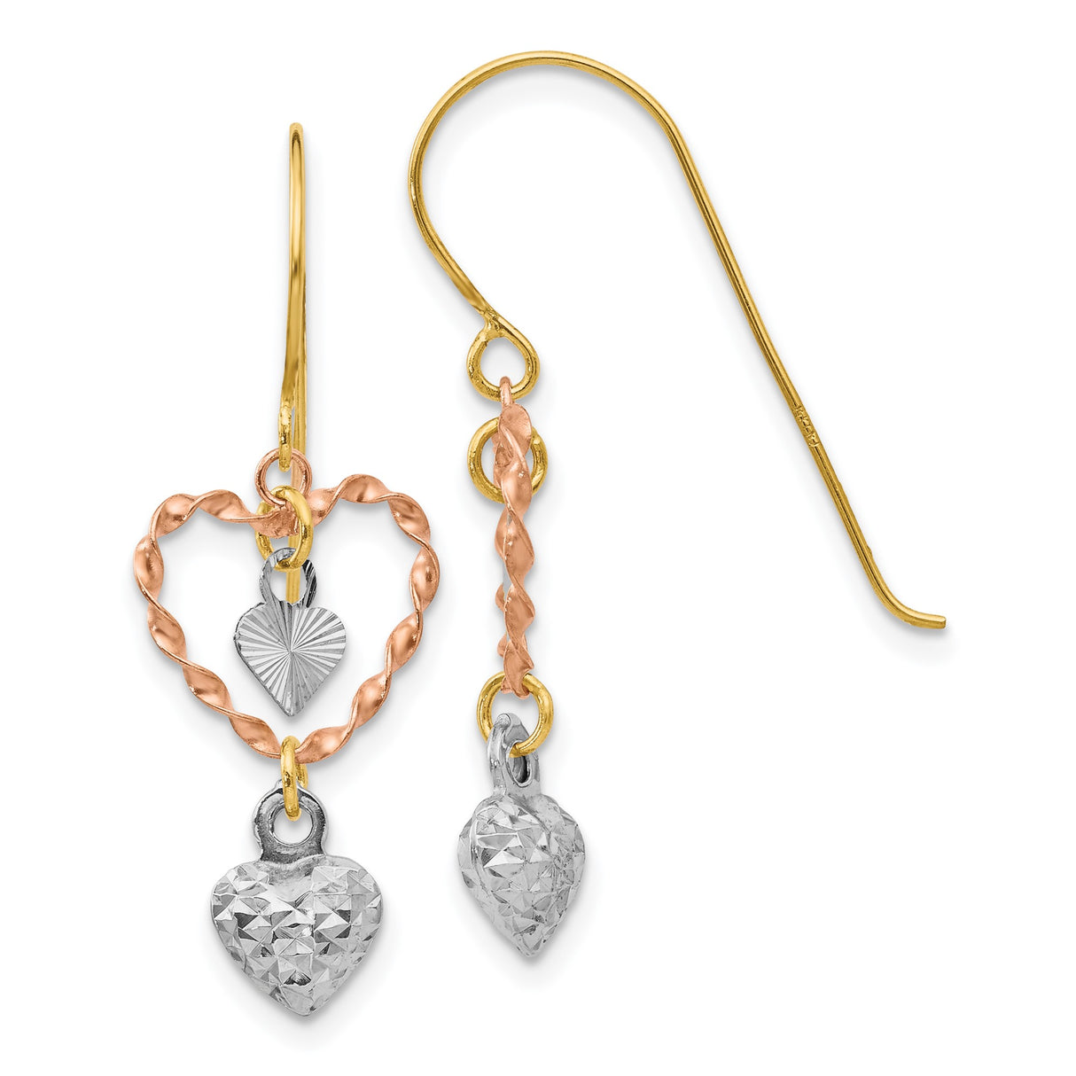 14k Tri Color Gold Dangle Earrings with Intertwined Heart Charms for Women
