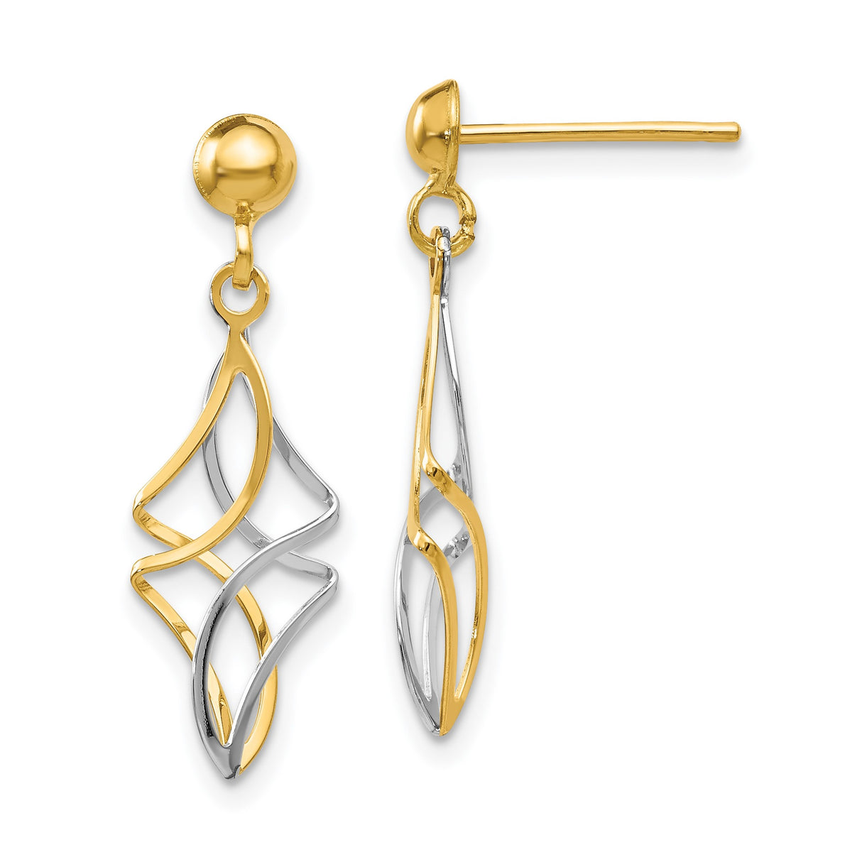 14k Two-Tone Gold Dangle Earrings with Abstract Open Swirl Design for Women