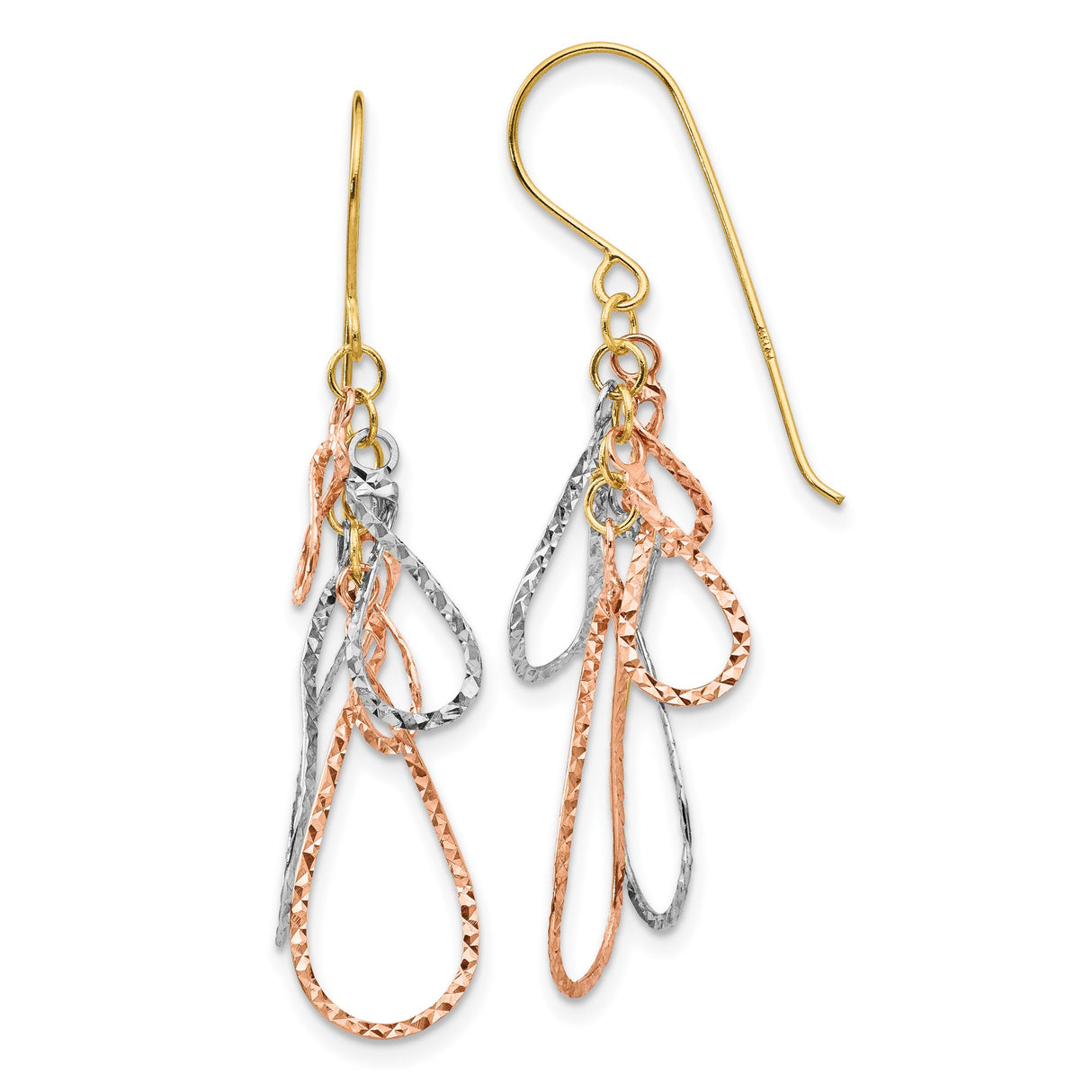 14k Yellow Gold Dangle Earrings with Tri-Color Layered Teardrop Loops and Textured Design