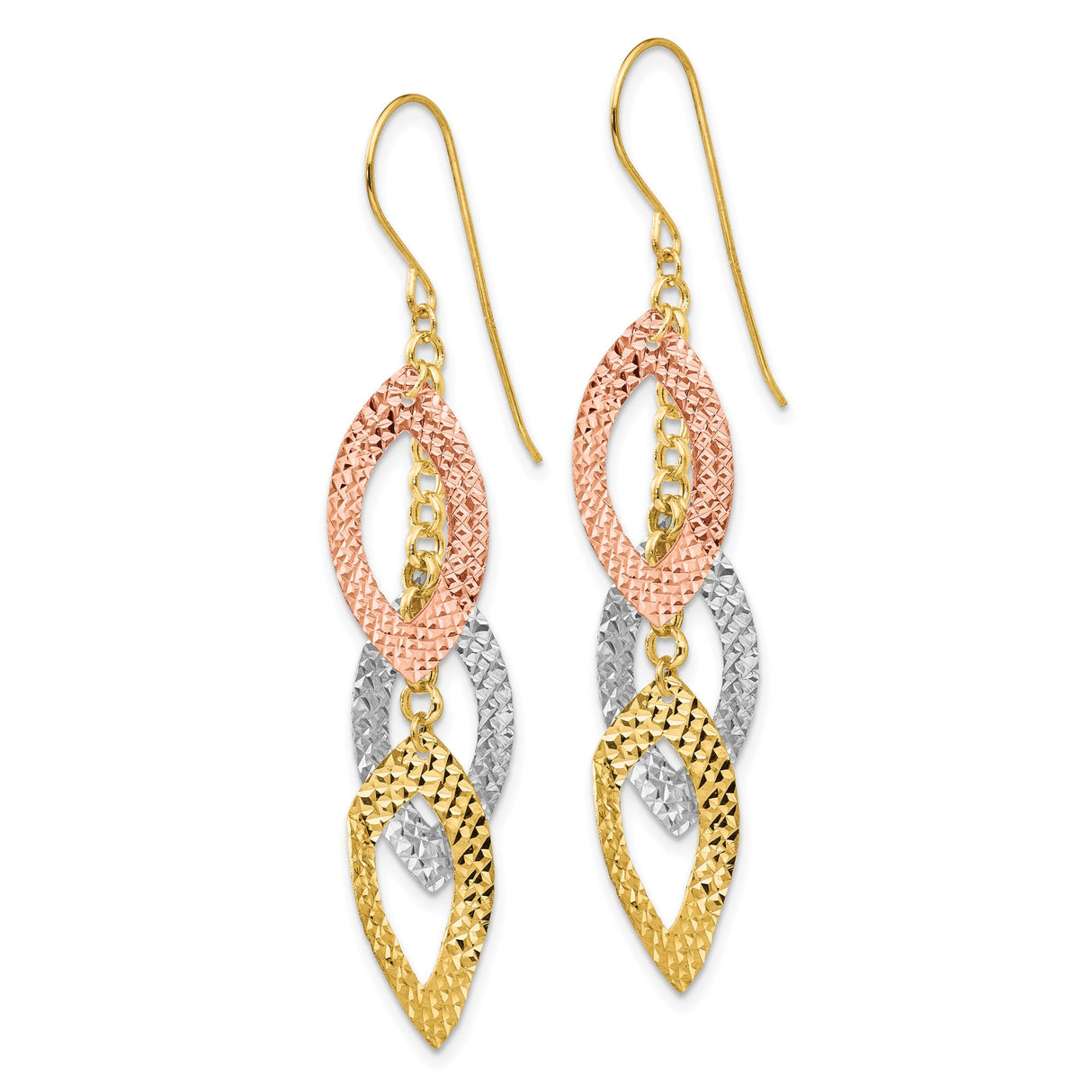 14k Tri-Color Gold Dangle Earrings with Interlocking Marquise Links and Textured Finish