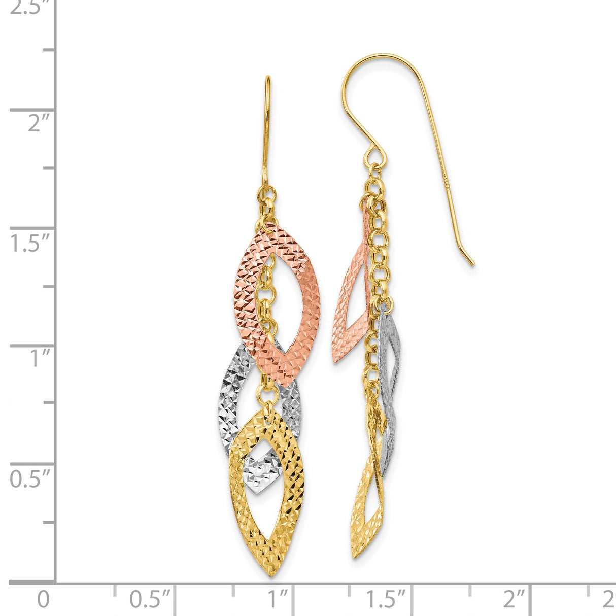 14k Tri-Color Gold Dangle Earrings with Interlocking Marquise Links and Textured Finish