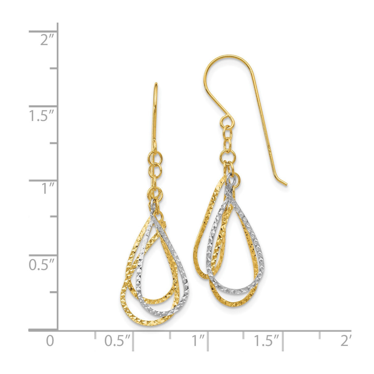 14k Two-Tone Gold Dangle Earrings with Interlocking Teardrop Design and Diamond-Cut Finish