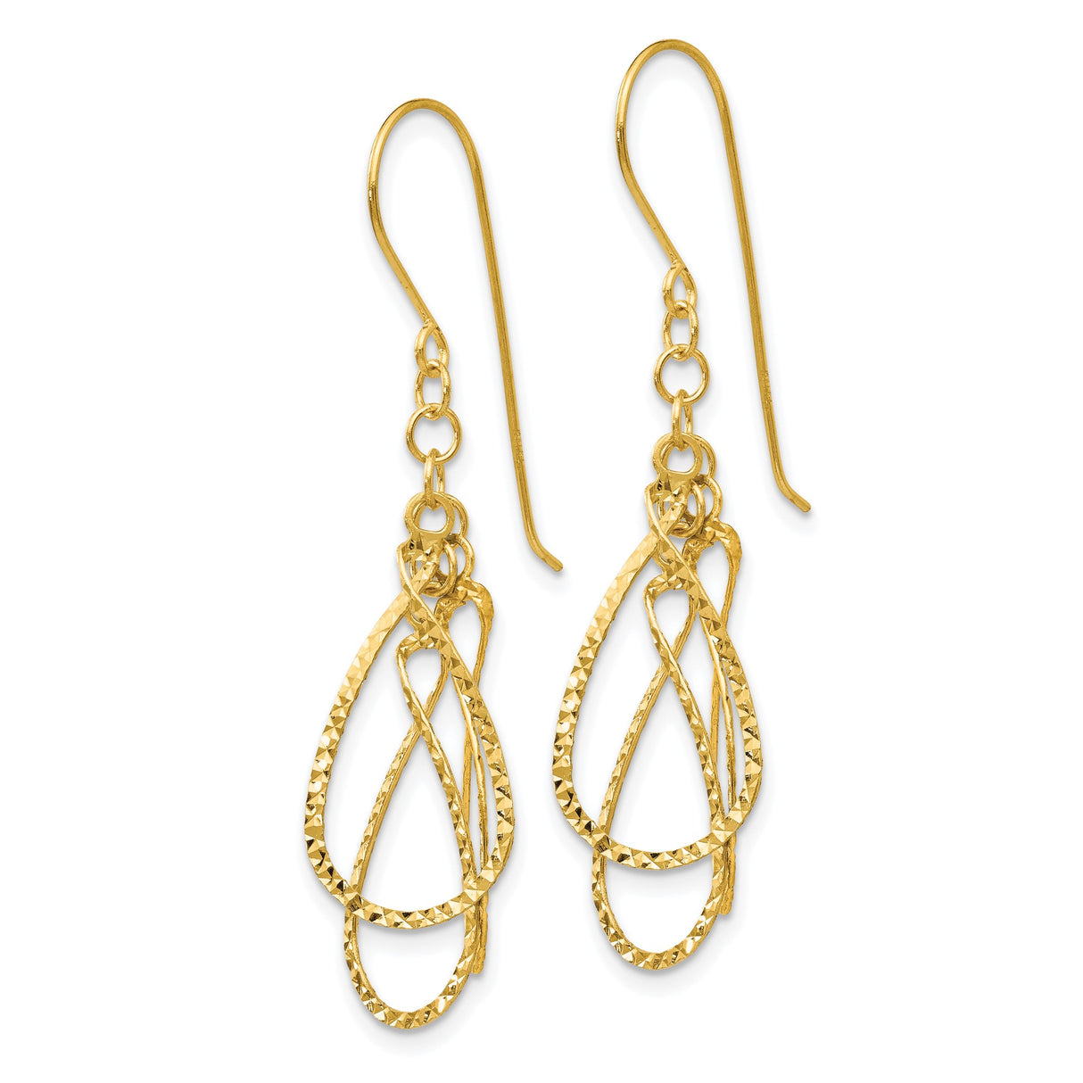 14k Yellow Gold Dangle Earrings with Layered Teardrop Open Loops, Diamond Cut Finish, Lightweight Design
