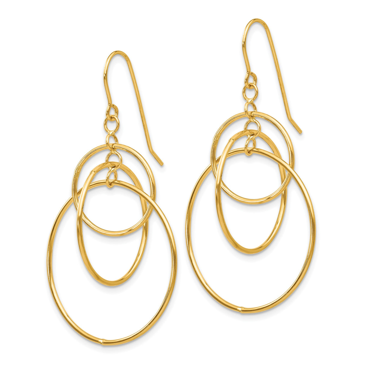 14k Yellow Gold Dangle Earrings, Triple Hoop Design, Polished Modern Geometric Style