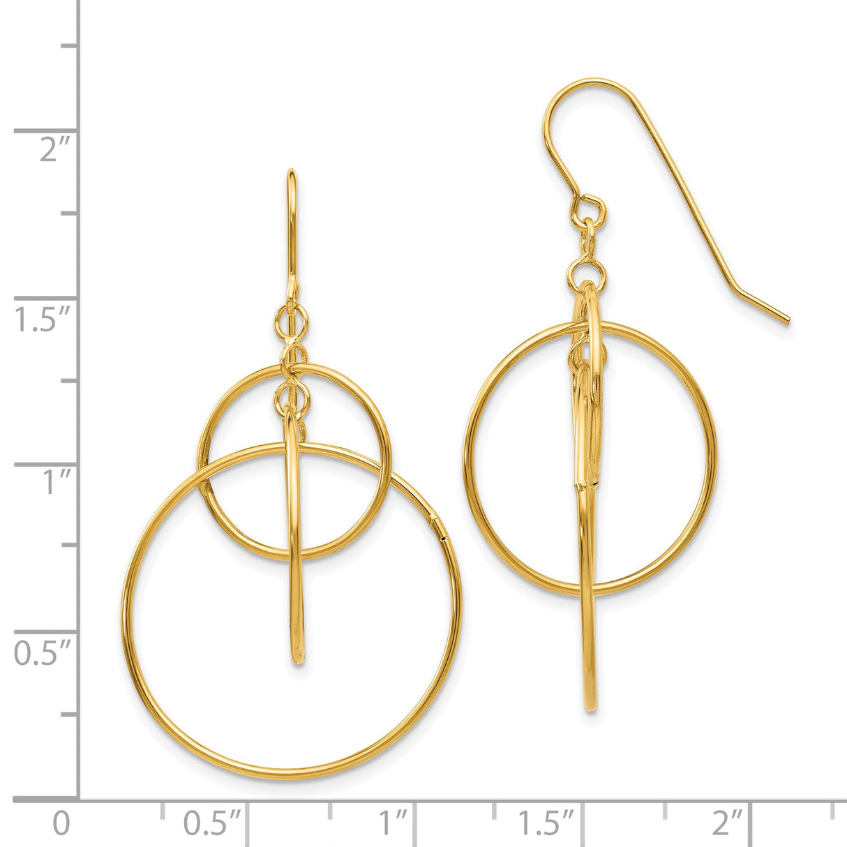 14k Yellow Gold Dangle Earrings, Triple Hoop Design, Polished Modern Geometric Style