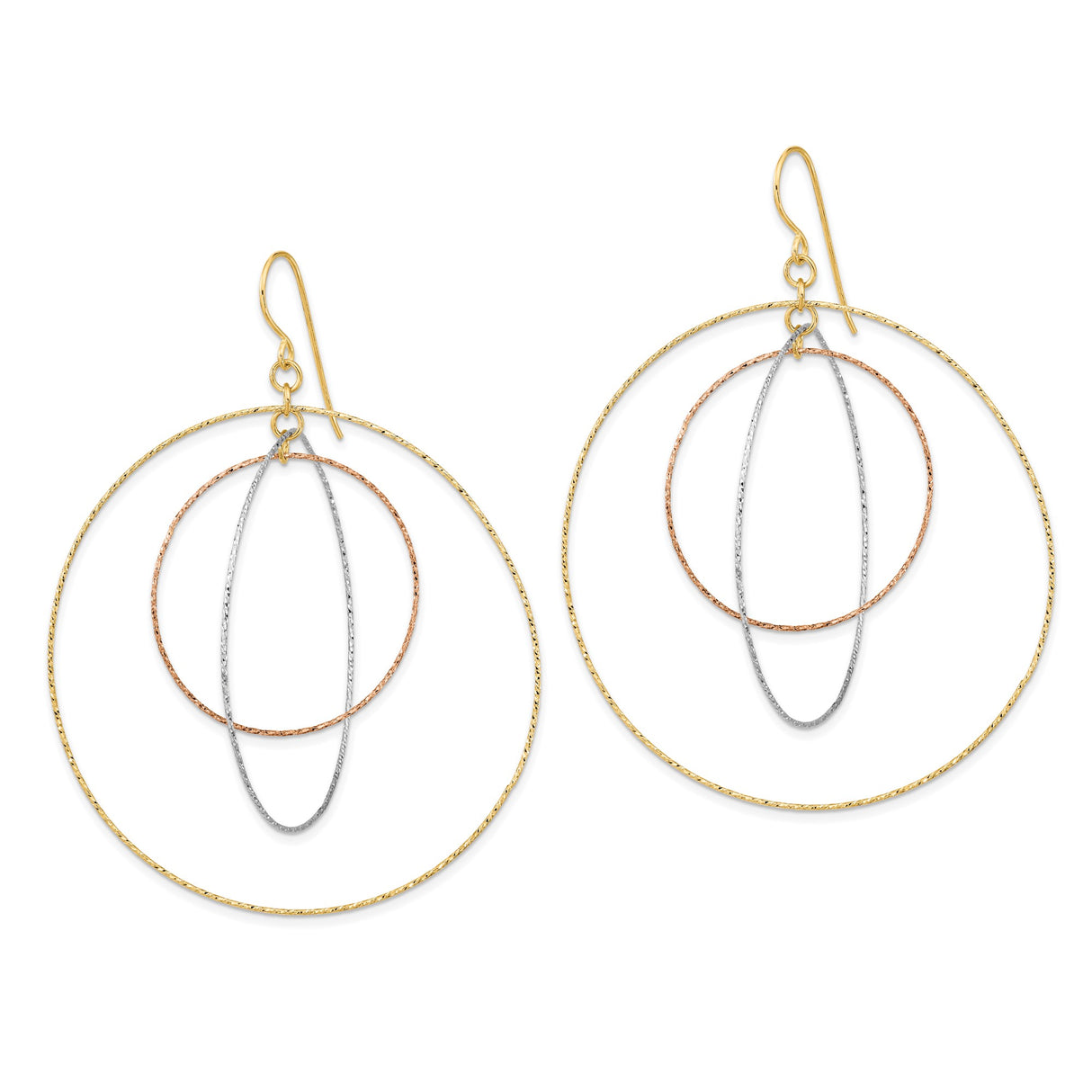 14k Tri-Color Gold Dangle Earrings with Interlocking Textured Hoops, Geometric Design for Women