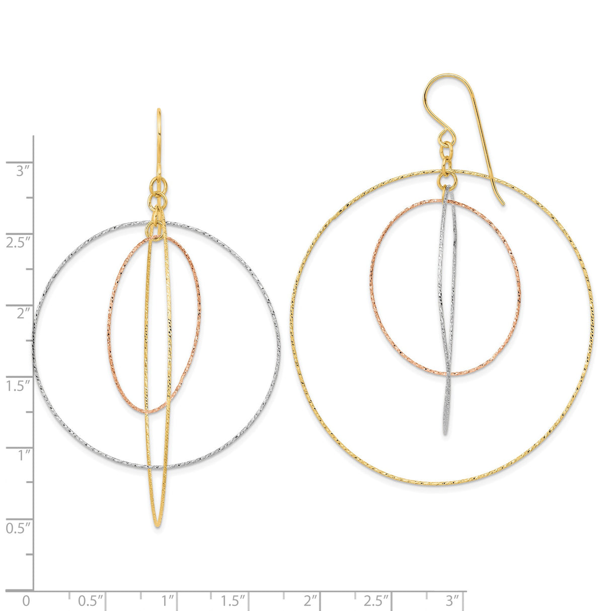 14k Tri-Color Gold Dangle Earrings with Interlocking Textured Hoops, Geometric Design for Women
