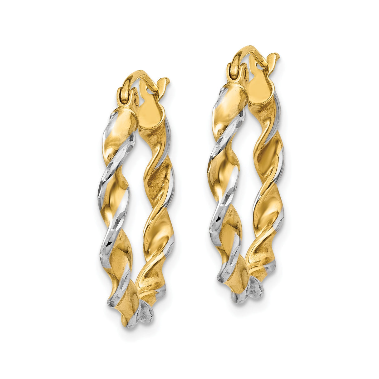 14k Yellow Gold Twisted Hoop Earrings, Two-Tone Polished Intertwined Design for Women