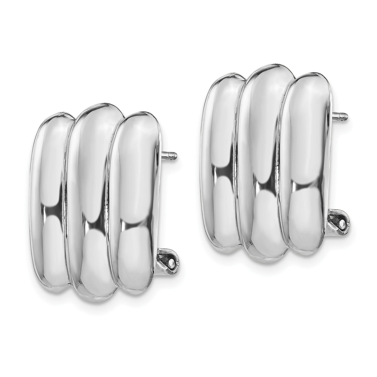 14k White Gold Huggie Earrings, Bold Ridged Design, High-Polish Modern Minimalist Hoops