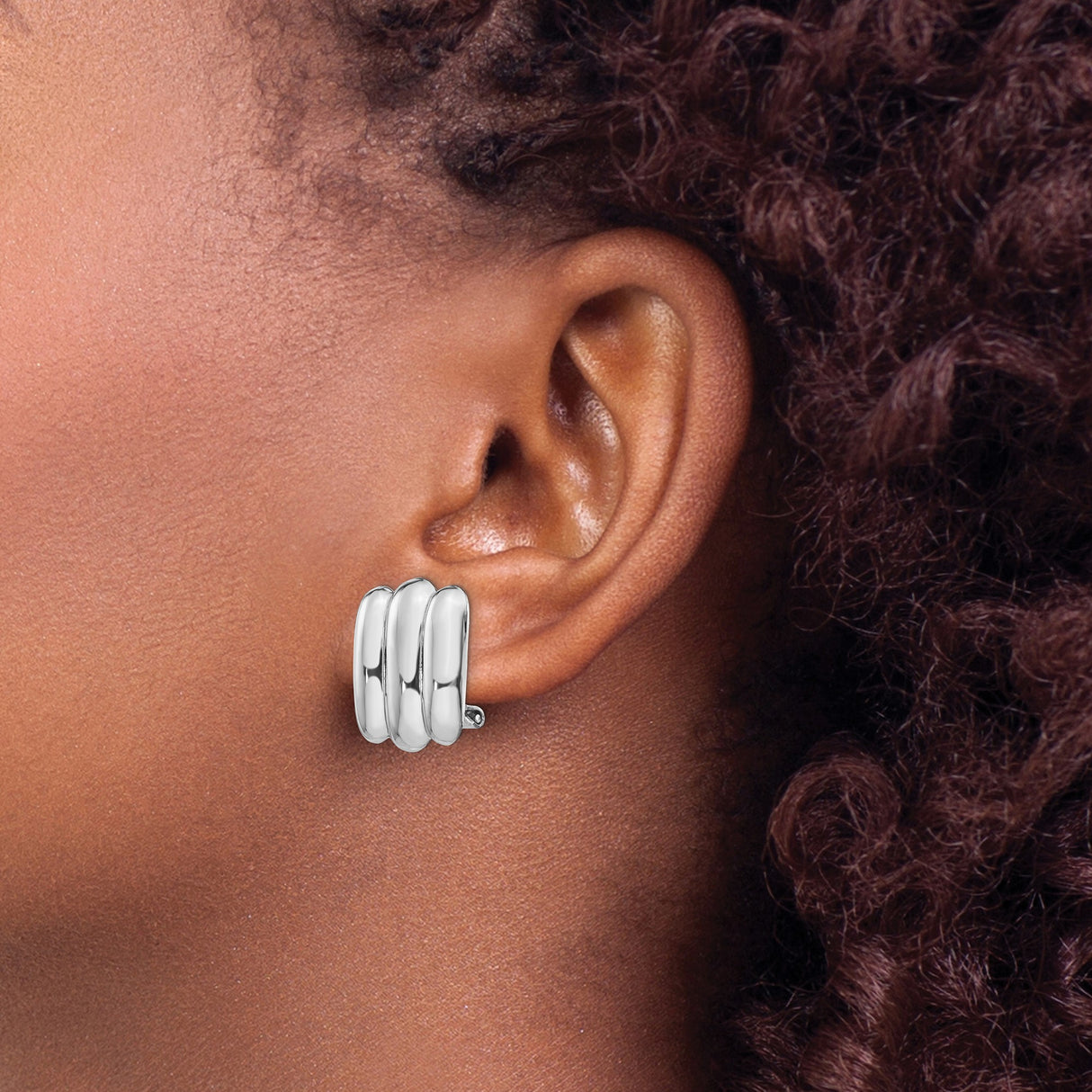 14k White Gold Huggie Earrings, Bold Ridged Design, High-Polish Modern Minimalist Hoops
