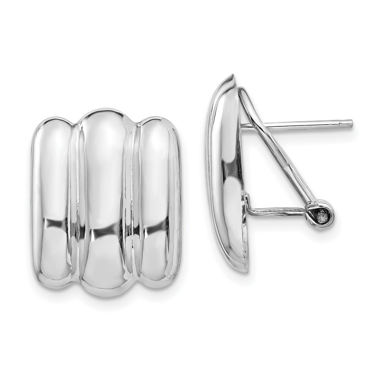14k White Gold Huggie Earrings, Bold Ridged Design, High-Polish Modern Minimalist Hoops