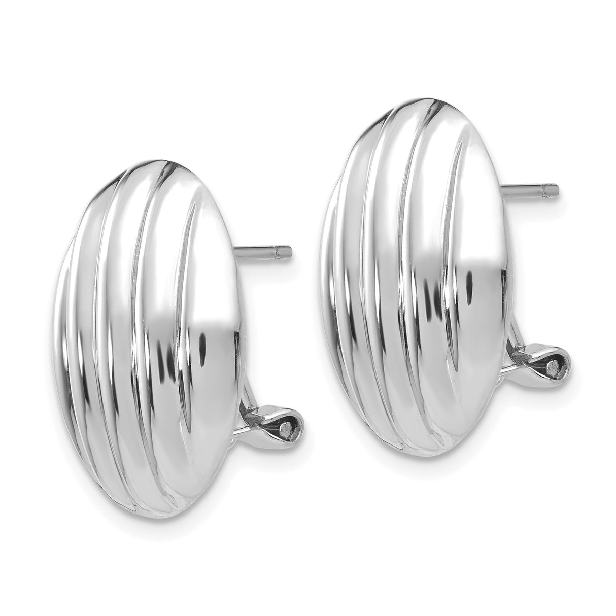 14k White Gold Oval Hoop Earrings with Polished Ribbed Design and Omega Clip Back