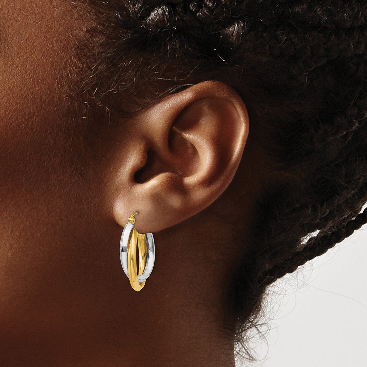 14k Yellow Gold Hoop Earrings with Twisted Interlocking Two-Tone Design for Women