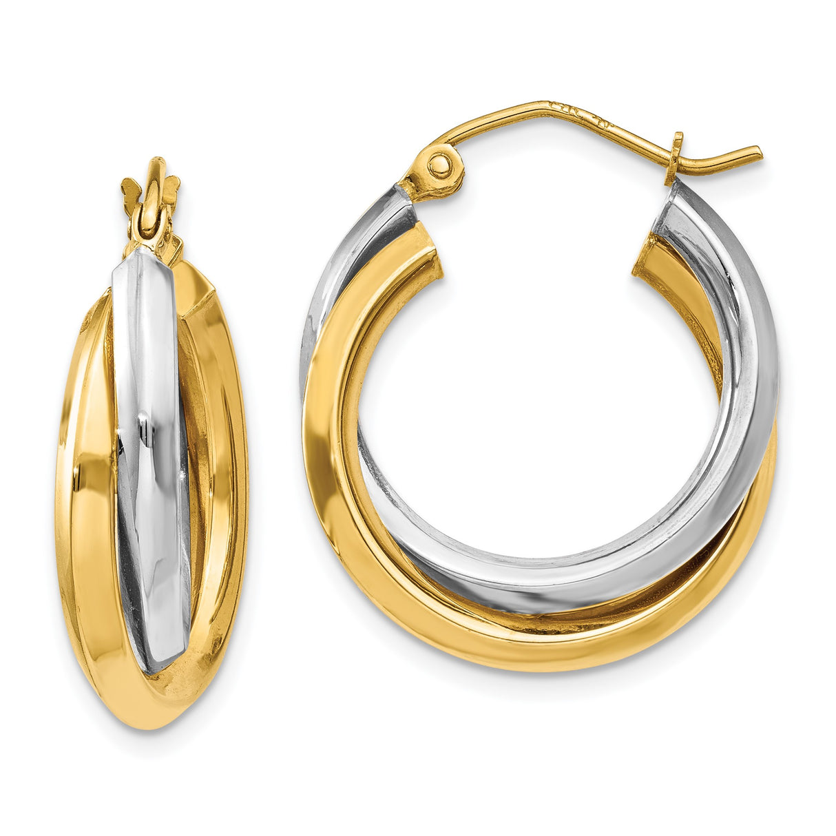 14k Yellow Gold Hoop Earrings with Twisted Interlocking Two-Tone Design for Women