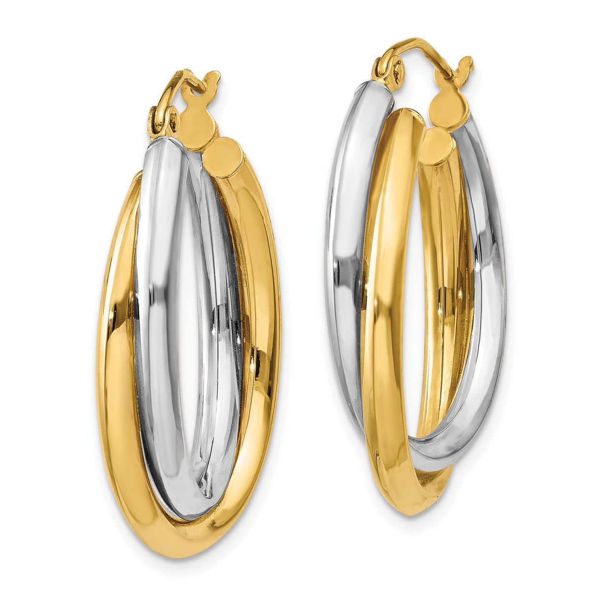 14k Two-Tone Gold Hoop Earrings, Intertwined Yellow and White Gold Oval Twist Design