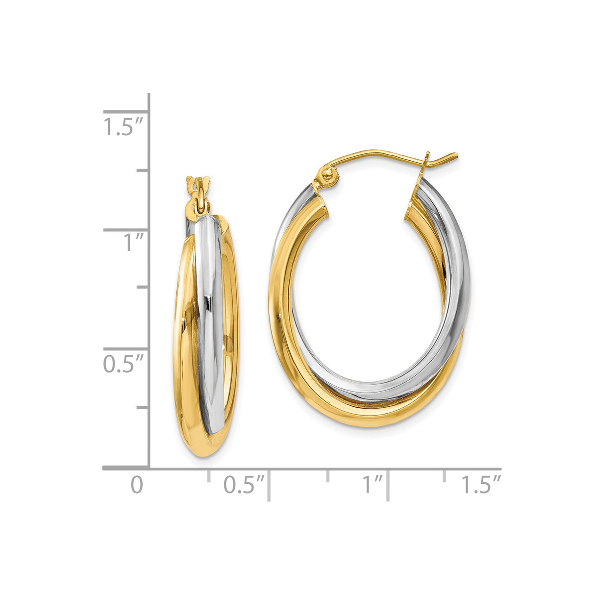 14k Two-Tone Gold Hoop Earrings, Intertwined Yellow and White Gold Oval Twist Design