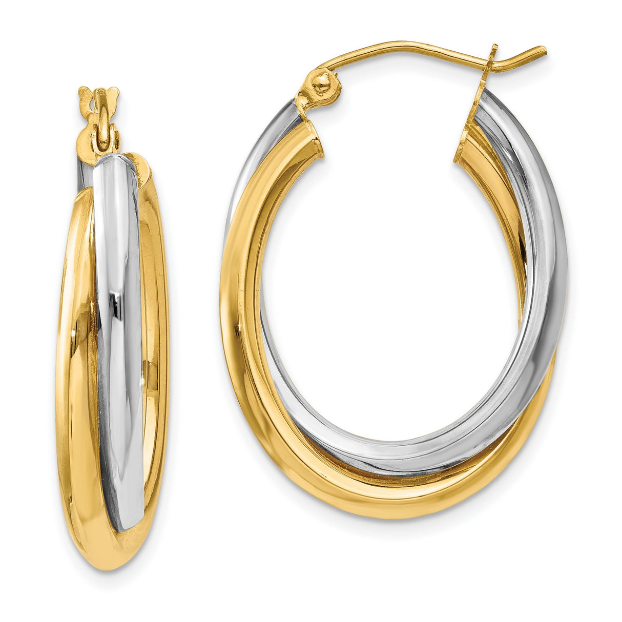 14k Two-Tone Gold Hoop Earrings, Intertwined Yellow and White Gold Oval Twist Design