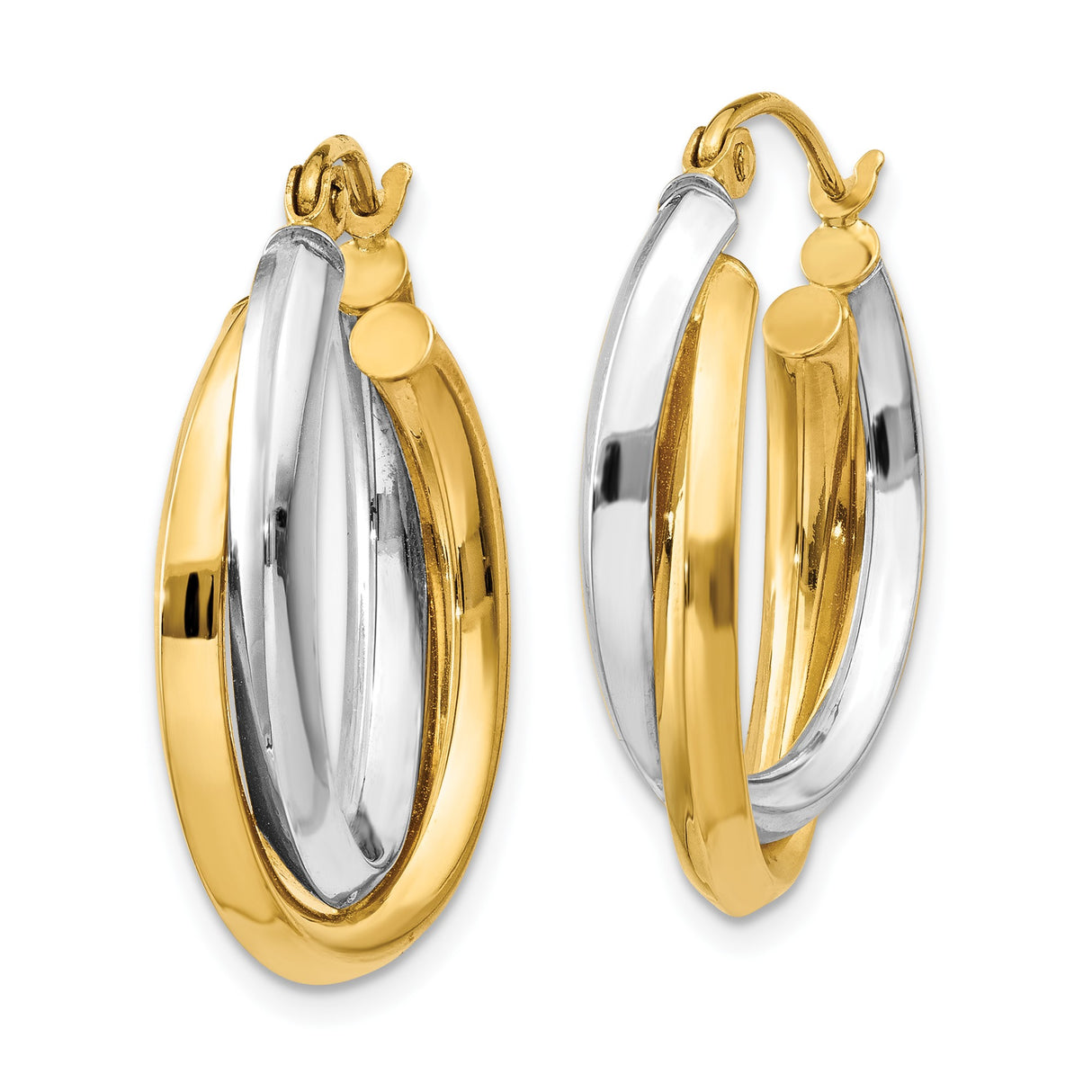 14k Yellow Gold Hoop Earrings, Interlocking Two Tone Double Loop Polished Design