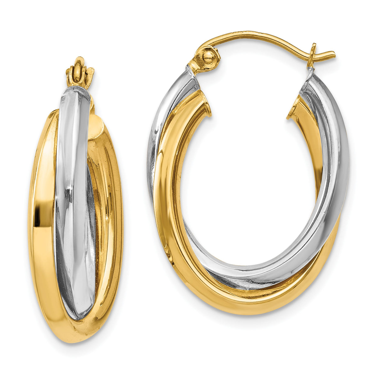 14k Yellow Gold Hoop Earrings, Interlocking Two Tone Double Loop Polished Design